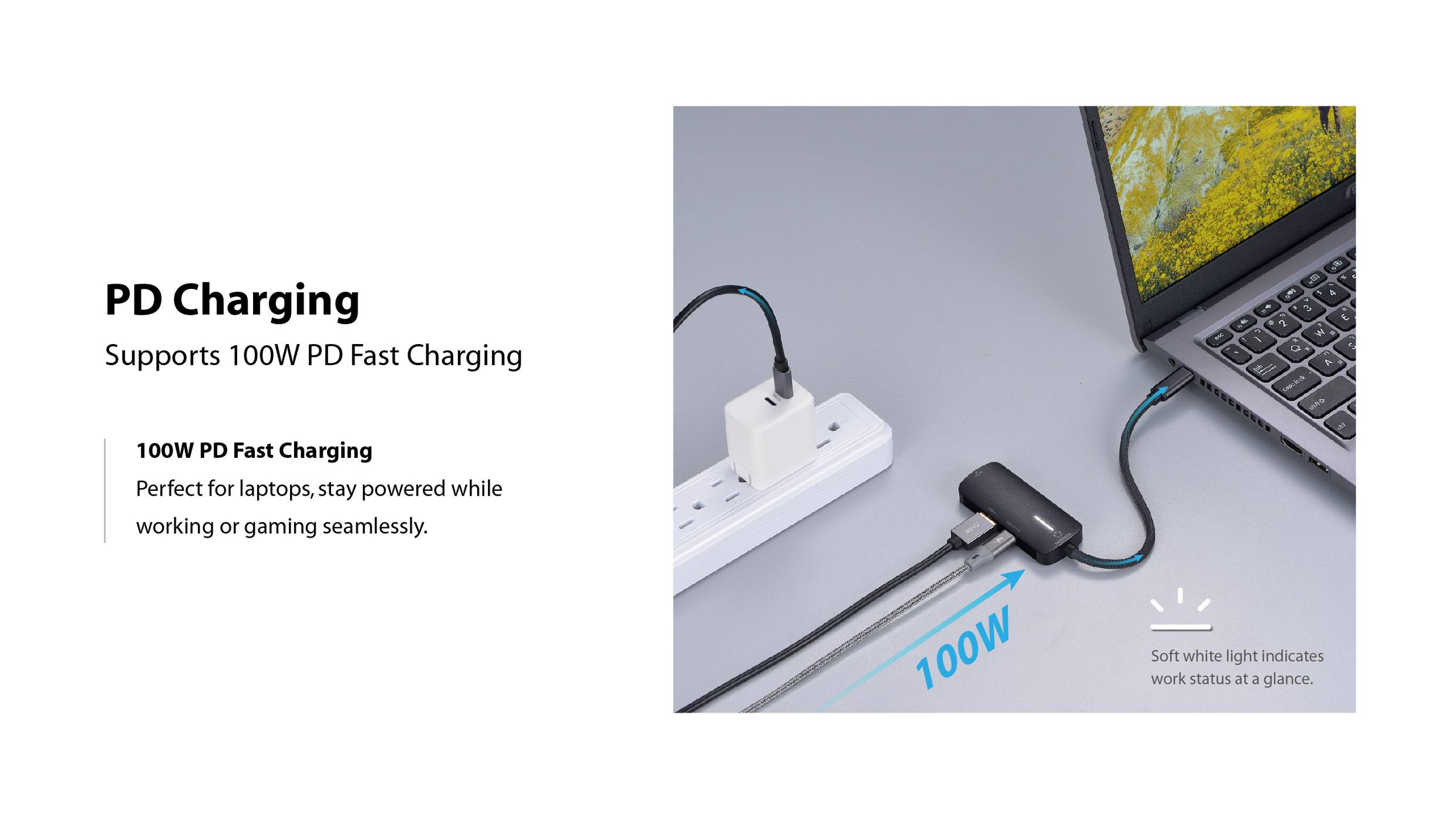 Einrichtung zum PD-Laden mit einem Laptop, Mehrfachsteckdose und Ladekabel. Text hebt 100-W-PD-Schnellladen für unterbrechungsfreie Nutzung hervor.