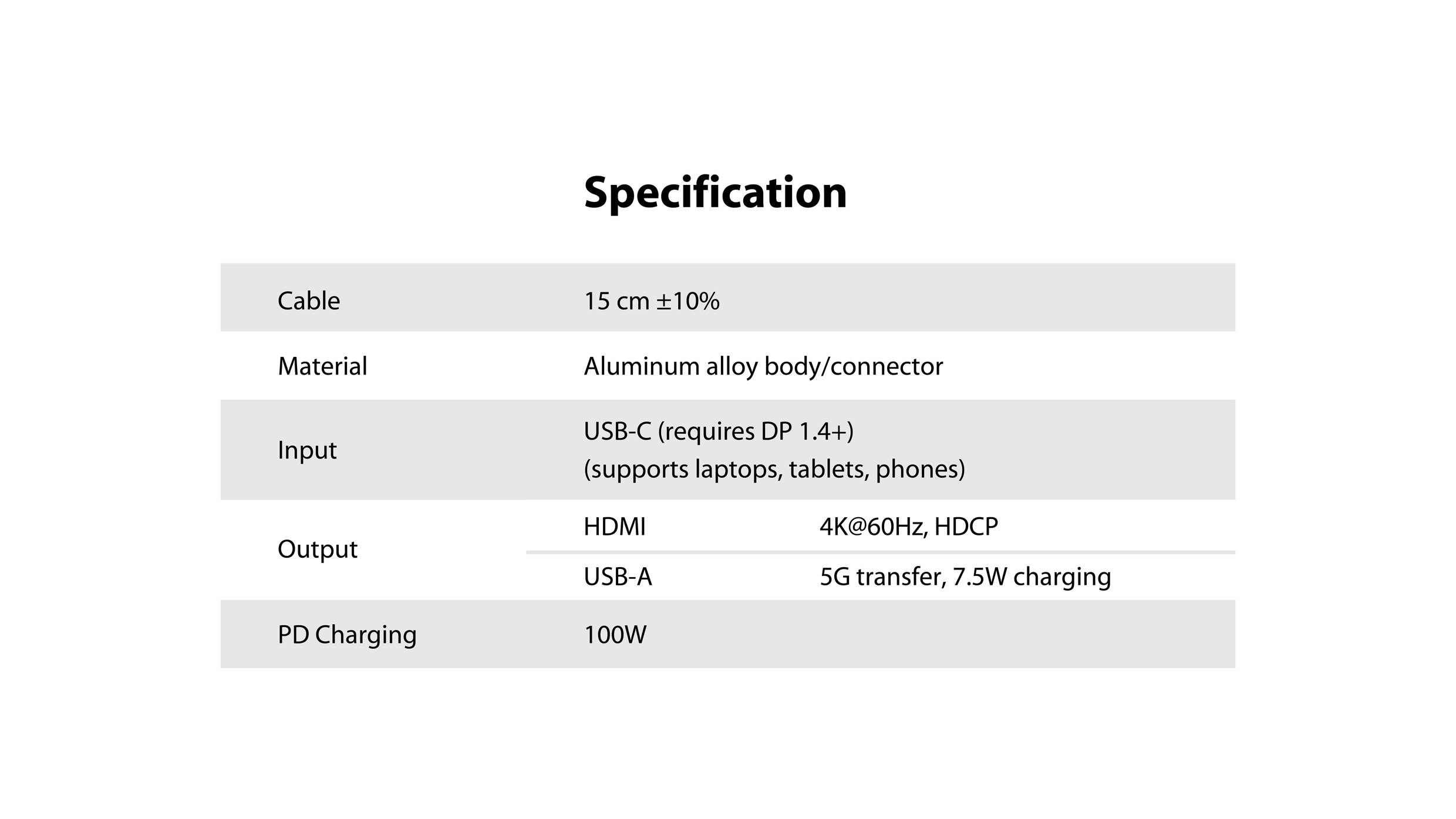 'Tabelle mit Spezifikationen: Kabel 15 cm, Material Aluminium. Eingang: USB-C. Ausgang: HDMI 4K, USB-A 7,5W. PD-Laden: 100W.'