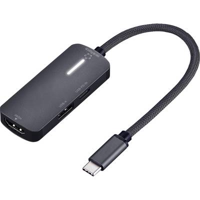 Ein schwarzer USB-C-Hub mit Anschlüssen für HDMI, USB-A und USB-C, ausgestattet mit einem geflochtenen Kabel für erhöhte Haltbarkeit.