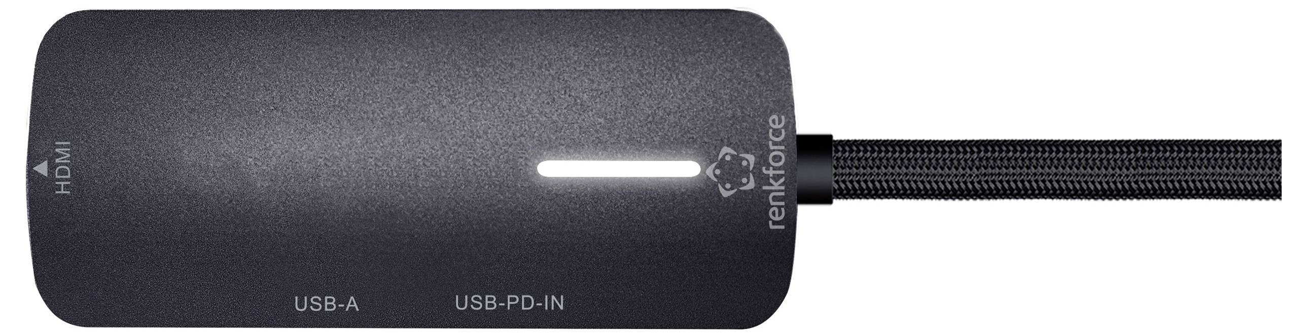Ein schwarzes rechteckiges elektronisches Gerät mit den Beschriftungen 'HDMI', 'USB-A', 'USB-PD-IN' und einem strukturierten Kabel rechts, mit der Markenbezeichnung 'rankforce'.