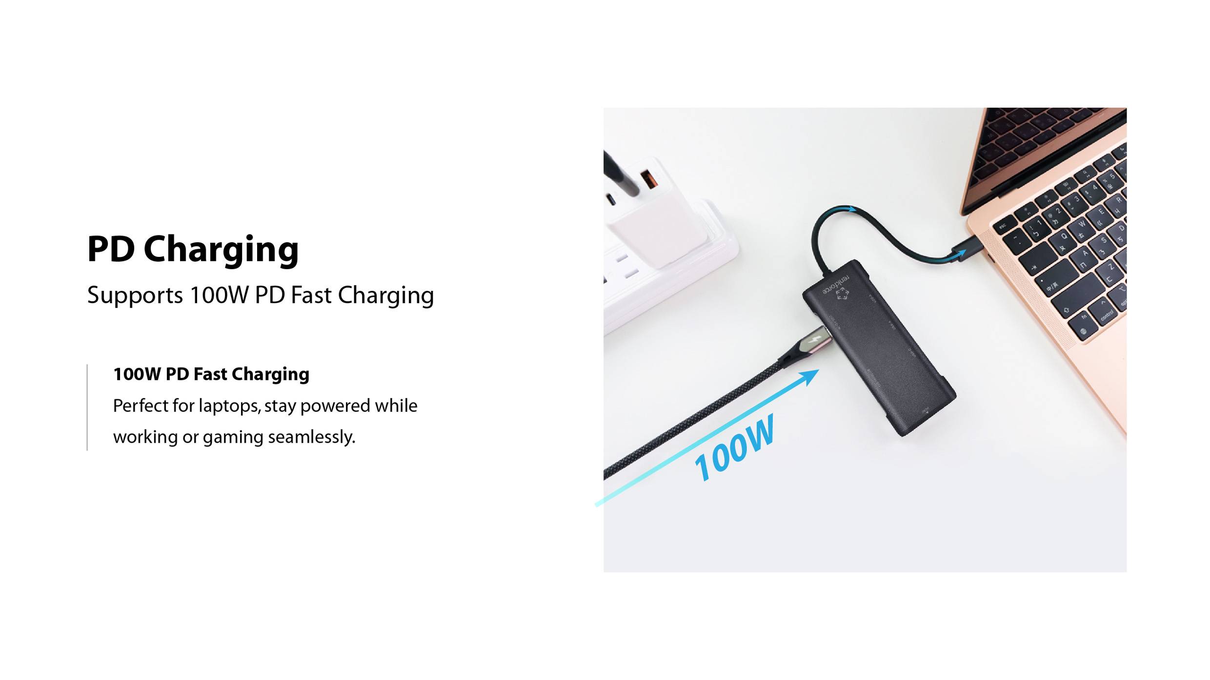 Der Abschnitt 'PD Charging' zeigt eine Powerbank, die mit einem Laptop verbunden ist und '100W PD Fast Charging' hervorhebt, das für Laptops geeignet ist.