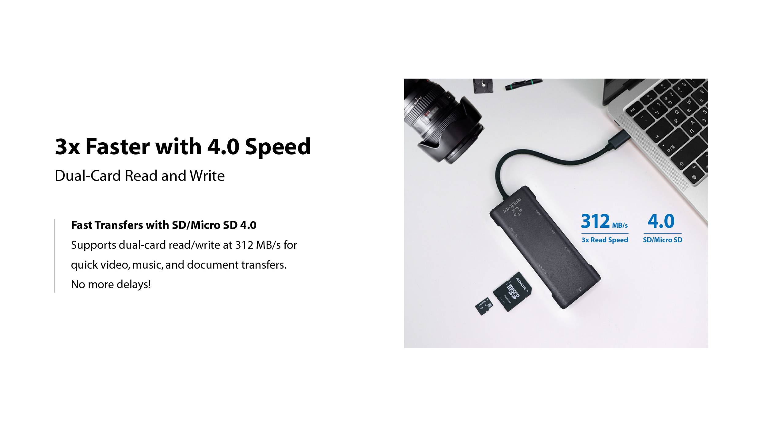 Laptop mit SD-Kartenleser, Kabel angeschlossen; daneben eine zerlegte SD-Karte. Text lautet: „3x schneller mit 4.0-Geschwindigkeit, 312 MB/s."