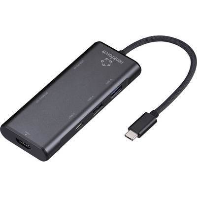 Ein schwarzer USB-C-Hub mit mehreren Anschlüssen, darunter HDMI, USB-A und USB-C, zum Anschluss verschiedener Geräte an einen Computer.