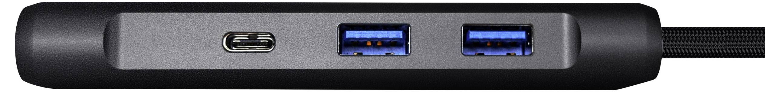 Ein schwarzer USB-Hub mit einem USB-C-Anschluss und zwei USB-A-Anschlüssen.