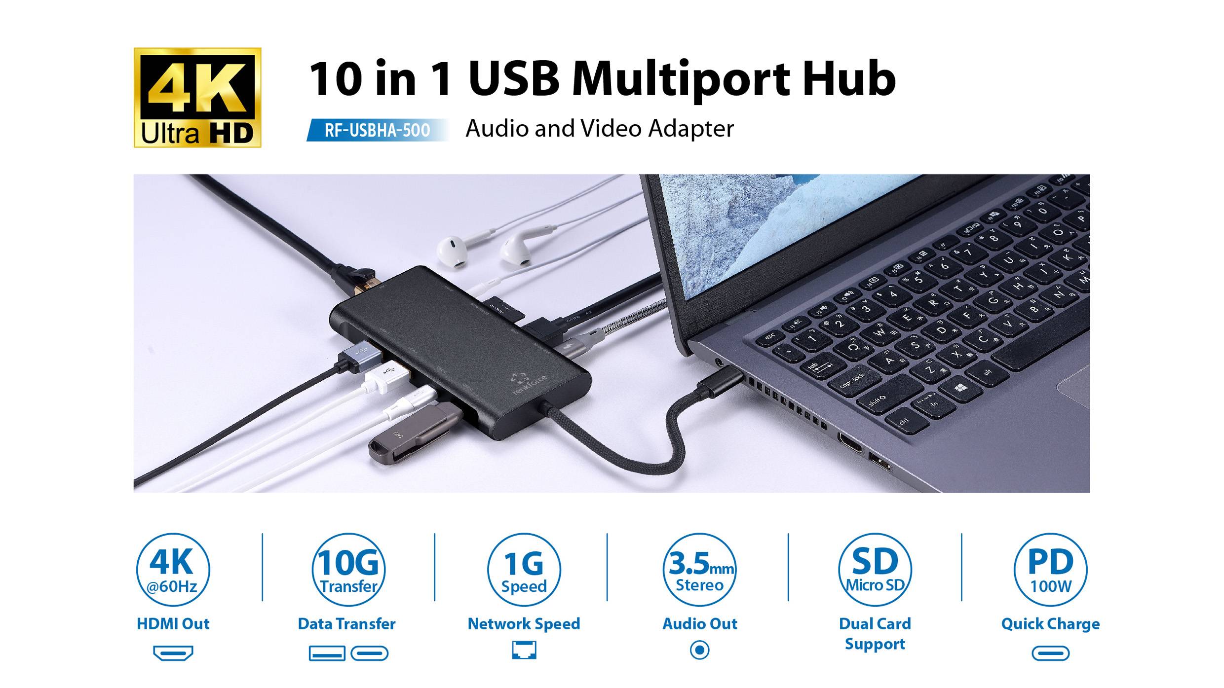 USB-Multiport-Hub '10 in 1' an einem Laptop angeschlossen, mit mehreren Anschlüssen: HDMI, 10G Übertragung, 1G Geschwindigkeit, Audio-Ausgang, SD-Karte, PD Schnellladung.