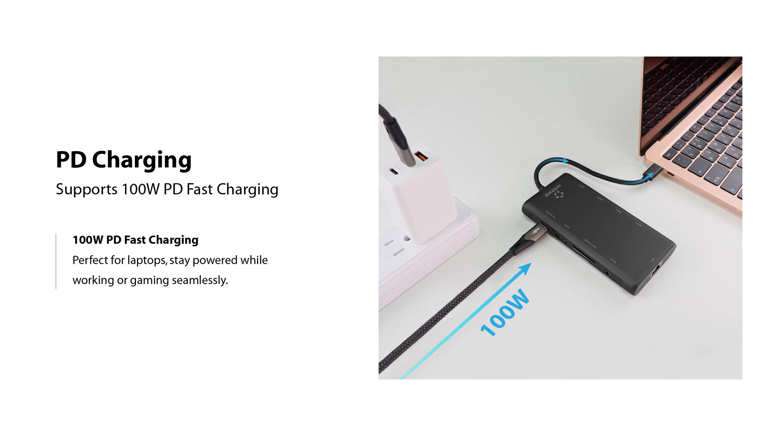 Ein Laptop, der über ein Kabel mit einer Powerbank verbunden ist und eine 100-W-PD-Schnellladefähigkeit für nahtloses Arbeiten oder Gaming demonstriert.