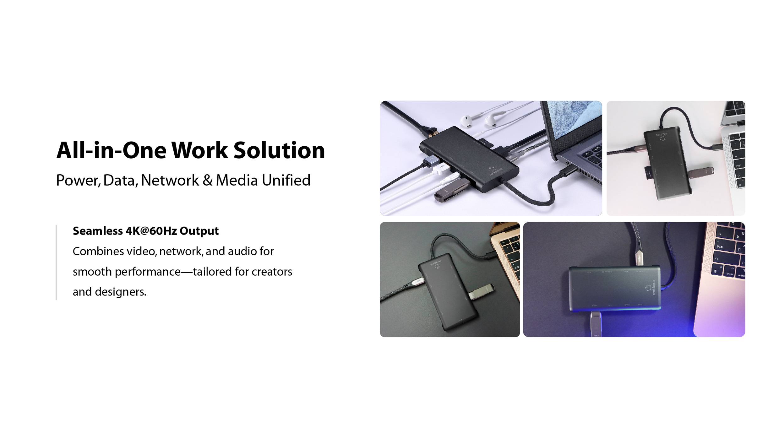 "All-in-One Arbeitslösung" mit Bildern eines Geräts, das mit verschiedenen Gadgets verbunden ist und nahtlose 4K60Hz-Ausgabe für Kreative und Designer hervorhebt.