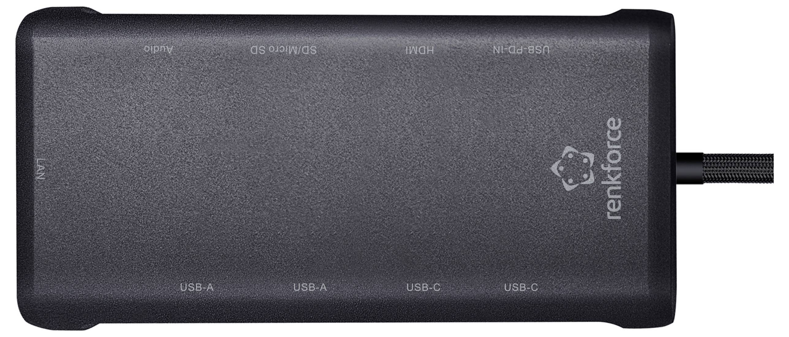 Eine schwarze Renkforce USB-C Docking Station mit mehreren Anschlüssen, darunter USB-A, USB-C, HDMI und SD-Kartensteckplätze an der Seite.