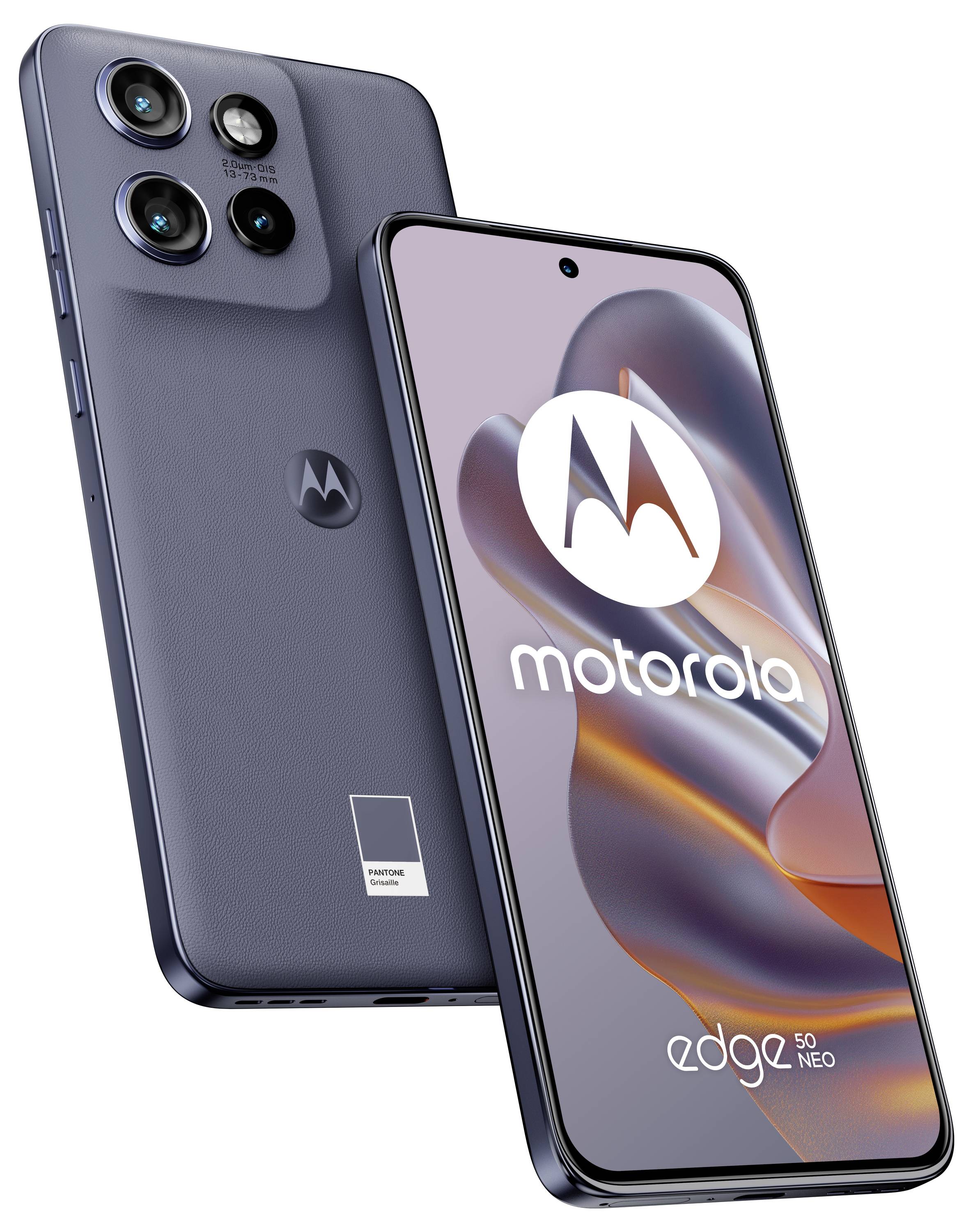 Zwei motorola smartphones in Grau, vorne Bildschirm mit motorola Logo und 'edge 5G neo' Text, hinten drei Kameras sichtbar.