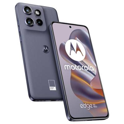Zwei motorola smartphones in Grau, vorne Bildschirm mit motorola Logo und 'edge 5G neo' Text, hinten drei Kameras sichtbar.