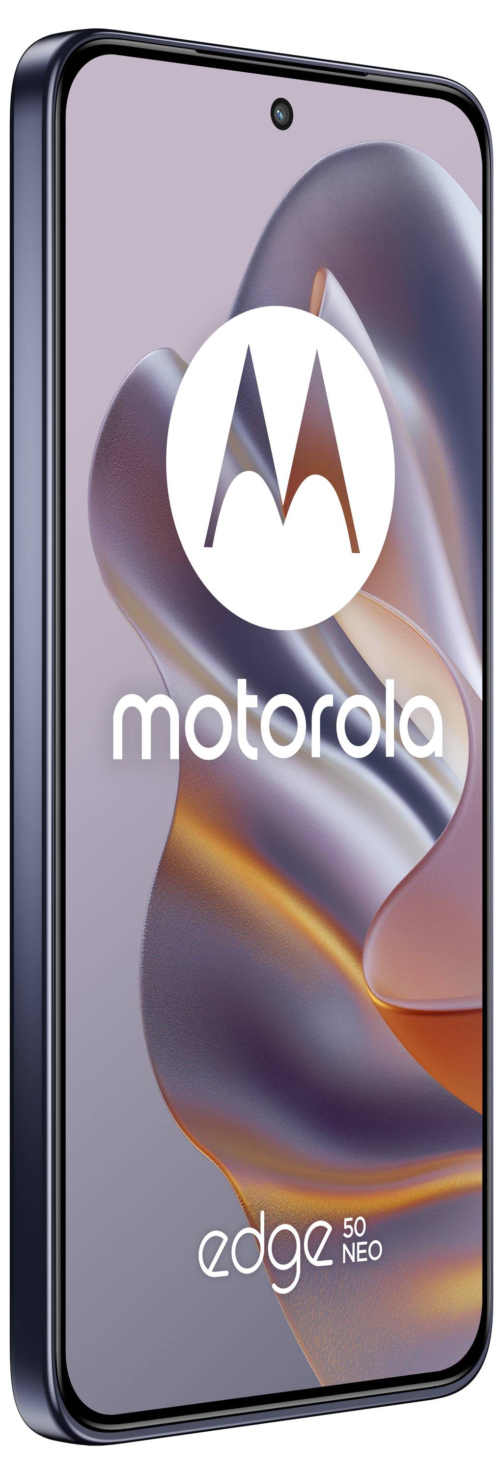 Smartphone Motorola Edge 50 Neo mit großem Display und abgerundeten Ecken, vertikal aufgestellt. Auf dem Bildschirm Logo und Name des Herstellers.