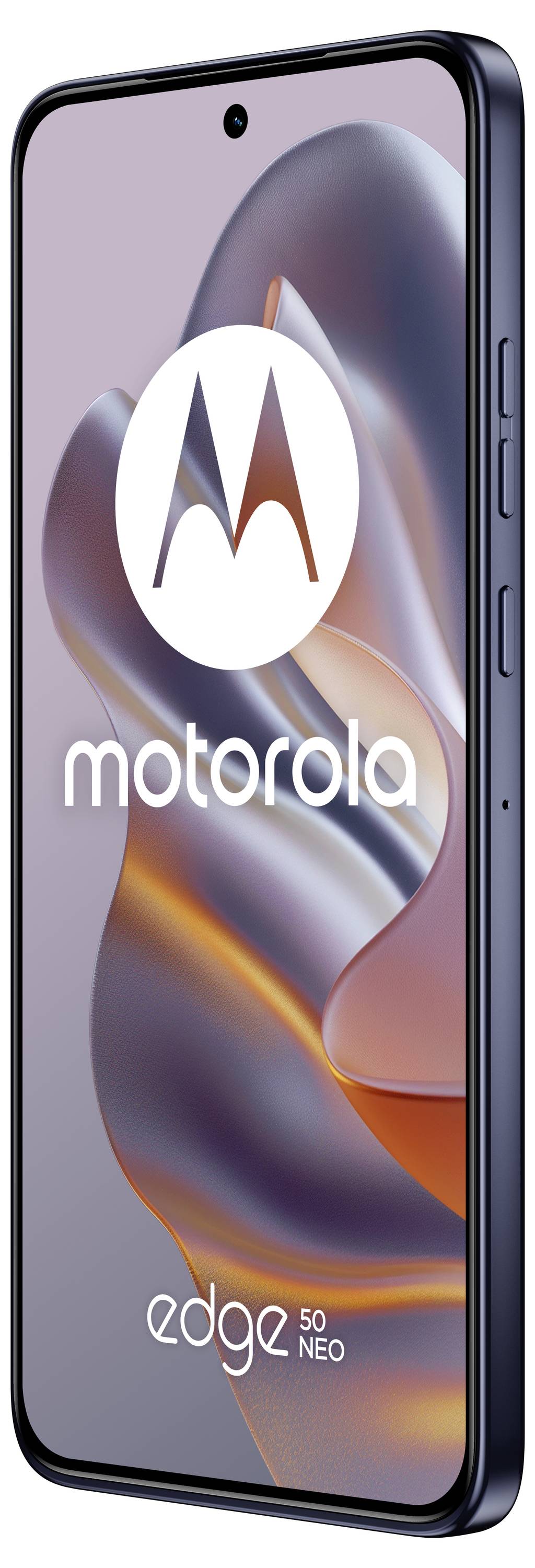 Ein Smartphone von Motorola, Modell 'Edge 50 Neo', mit großem Display und Kamerahole. Logo auf dem Bildschirm sichtbar.