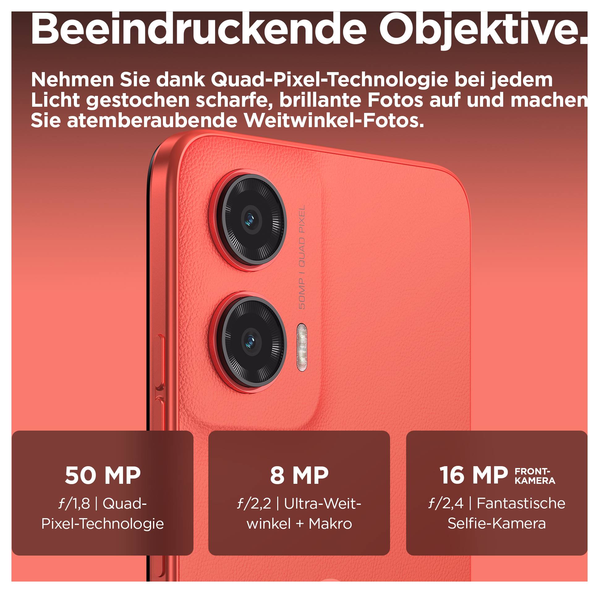 Rotes Smartphone mit zwei rückseitigen Kameras. Text: 'Beeindruckende Objektive', Details zu Kameraauflösung und -technologie.