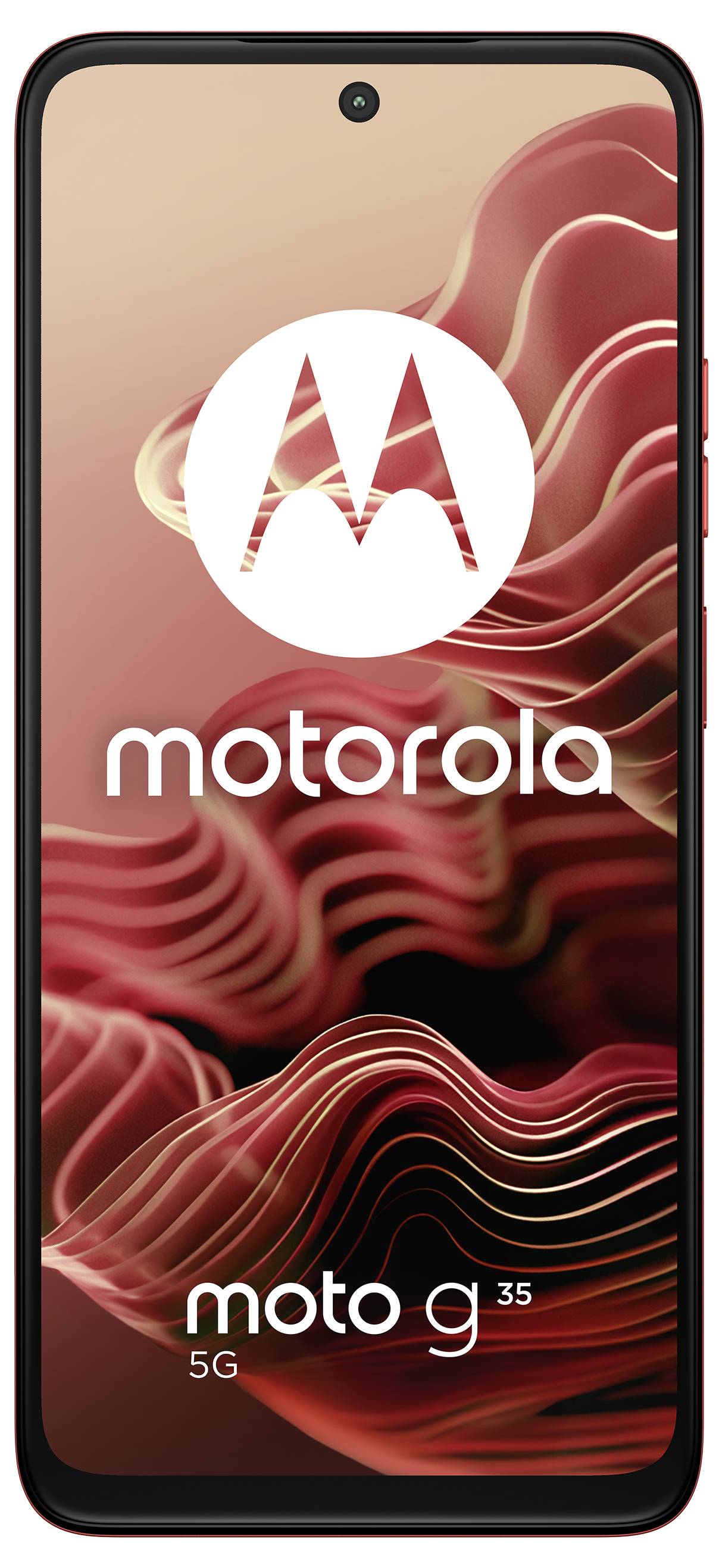 Ein Smartphone zeigt das Motorola-Logo über dem Text „motorola" und „moto g 5G" auf einem welligen, abstrakten rot- und rosafarbenen Hintergrund.