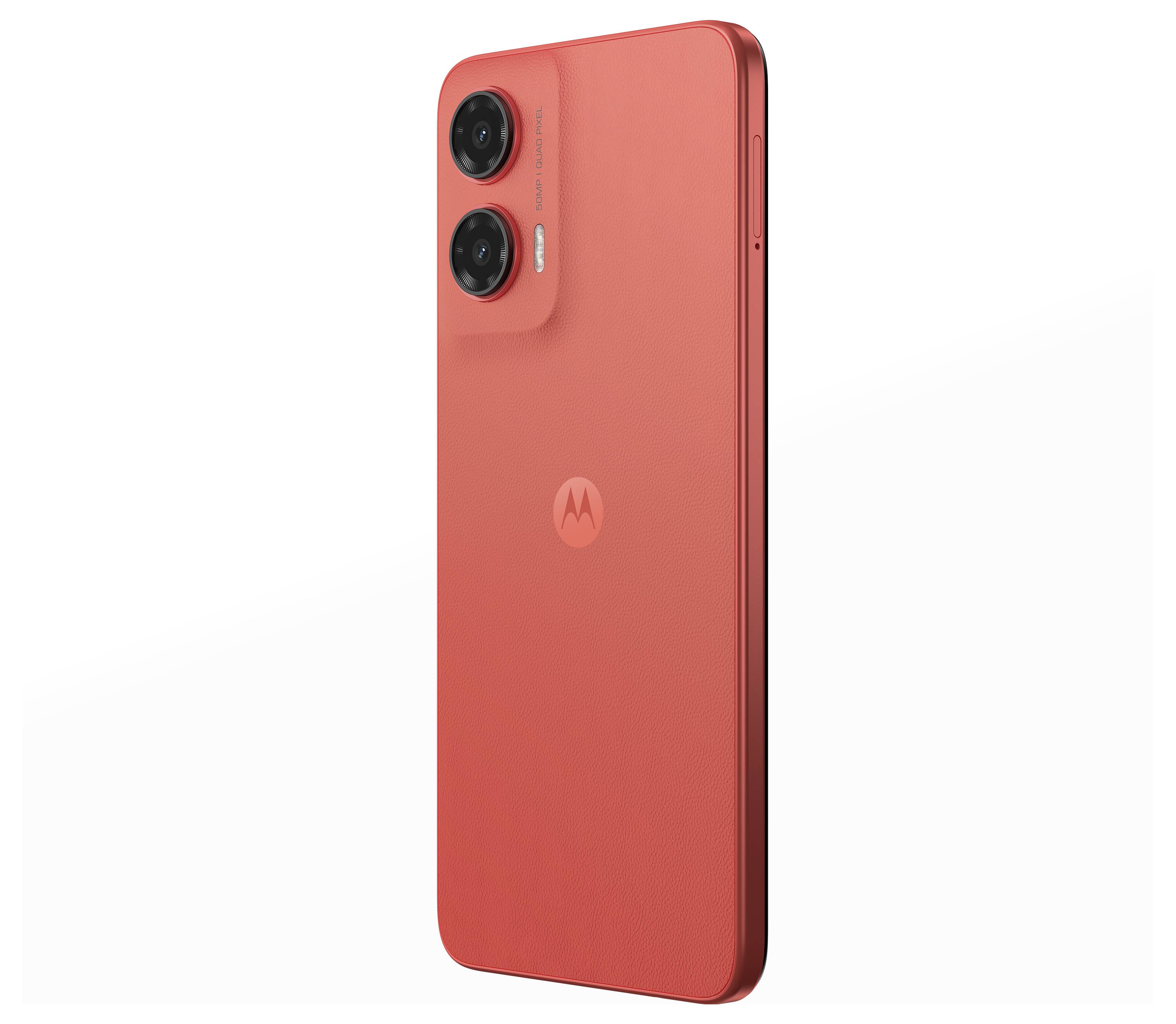 Ein rotes Smartphone mit Doppelkameras auf der Rückseite, mit einem markanten "M"-Logo versehen, das modernes Design und elegante Ästhetik andeutet.