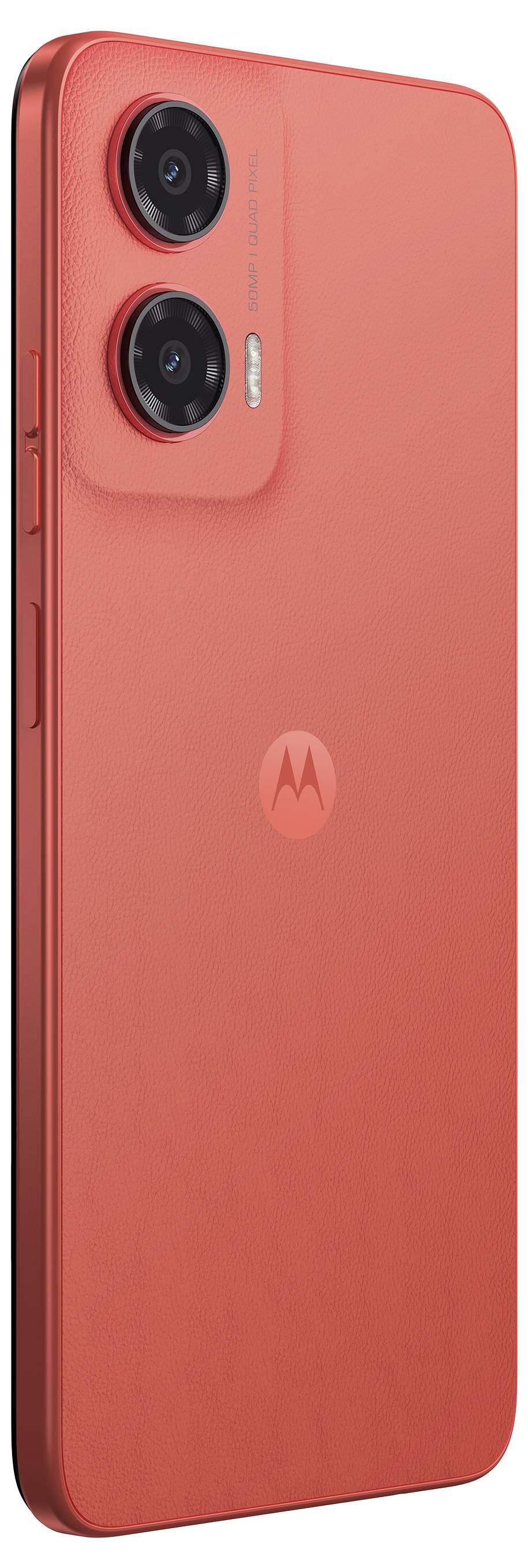 Ein elegantes orangefarbenes Smartphone mit dualen rückwärtigen Kameras und einem subtilen Logo in der Mitte, das ein modernes, minimalistisches Design präsentiert.