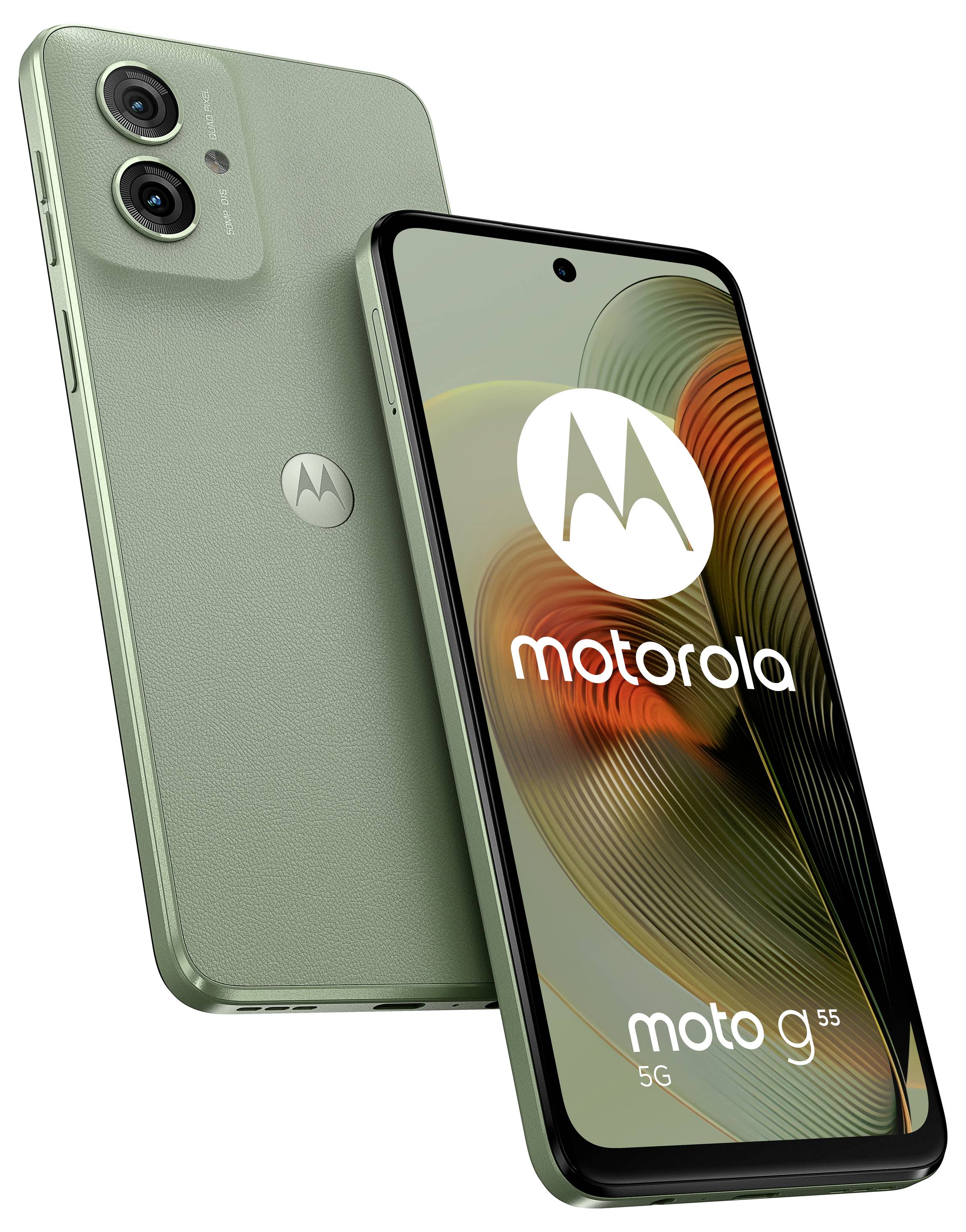 Smartphone Motorola Moto G 5G in grün. Vorderseite zeigt Display mit Motorola-Logo und Modellname 'moto g 5G'. Rückseite mit Dual-Kamera.
