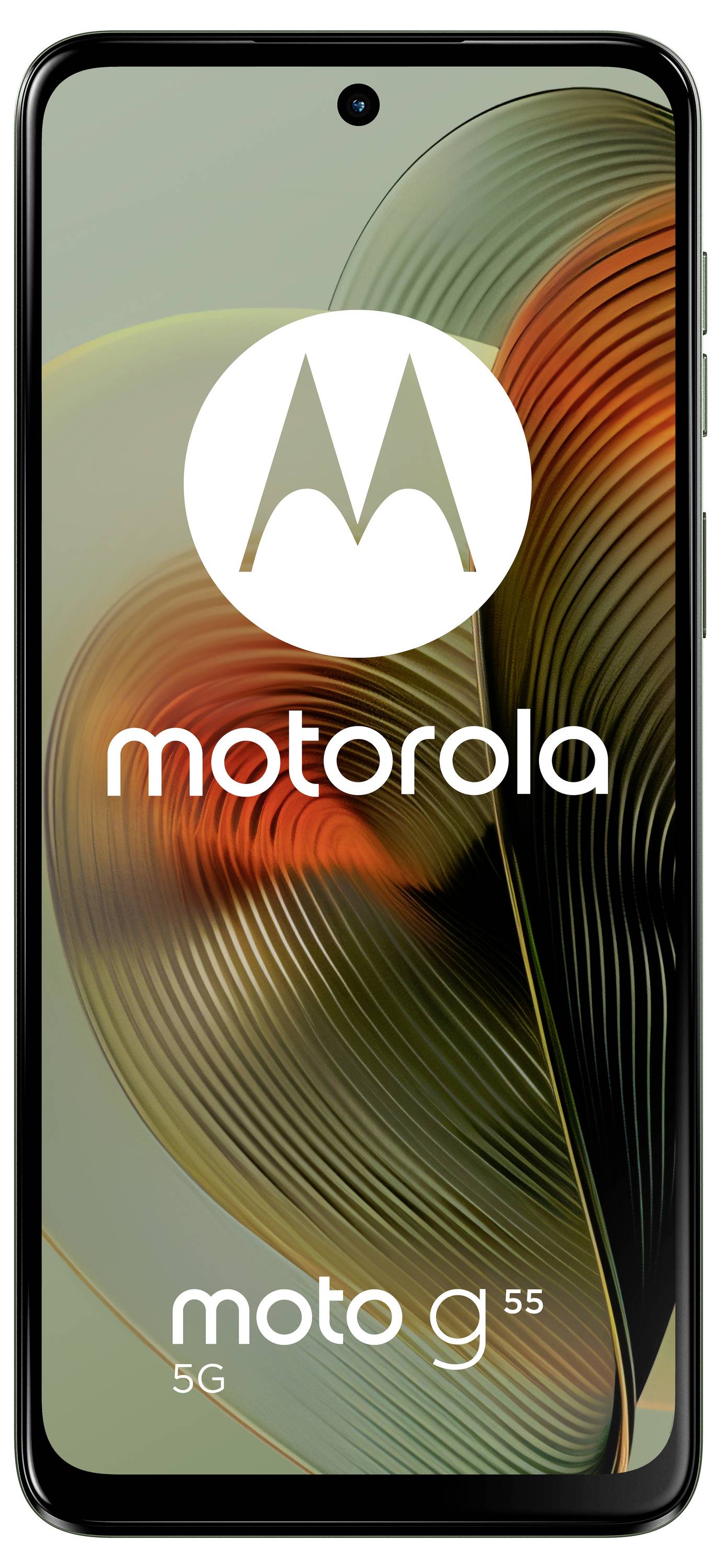 'Motorola moto g 55 5G' Smartphone mit großem Display, zentraler Kameraöffnung und dem Motorola-Logo auf abstraktem buntem Hintergrund.