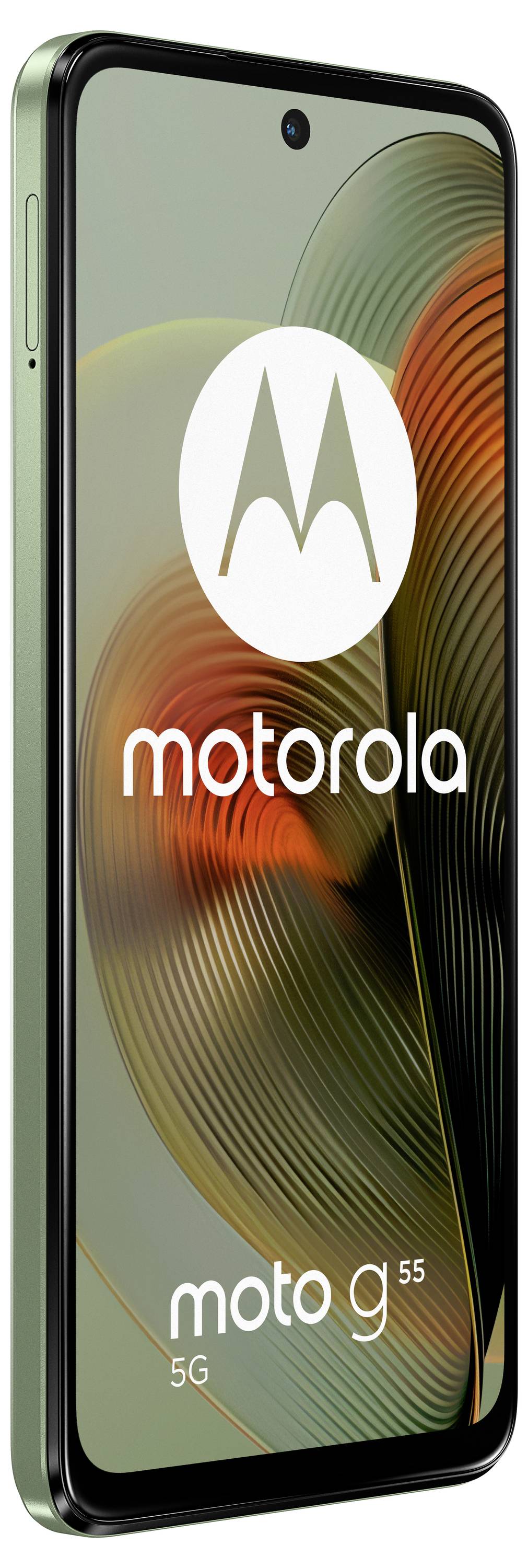 Ein Smartphone 'moto g 5G' von Motorola in grün, mit großem Display und Kameraausschnitt oben. Markenlogo sichtbar.