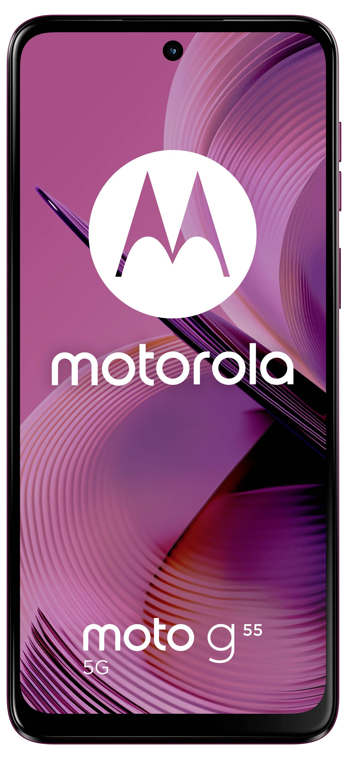 Smartphone mit pinkem Hintergrund und dem Motorola-Logo. Text auf dem Bildschirm: 'motorola moto g 5G'.