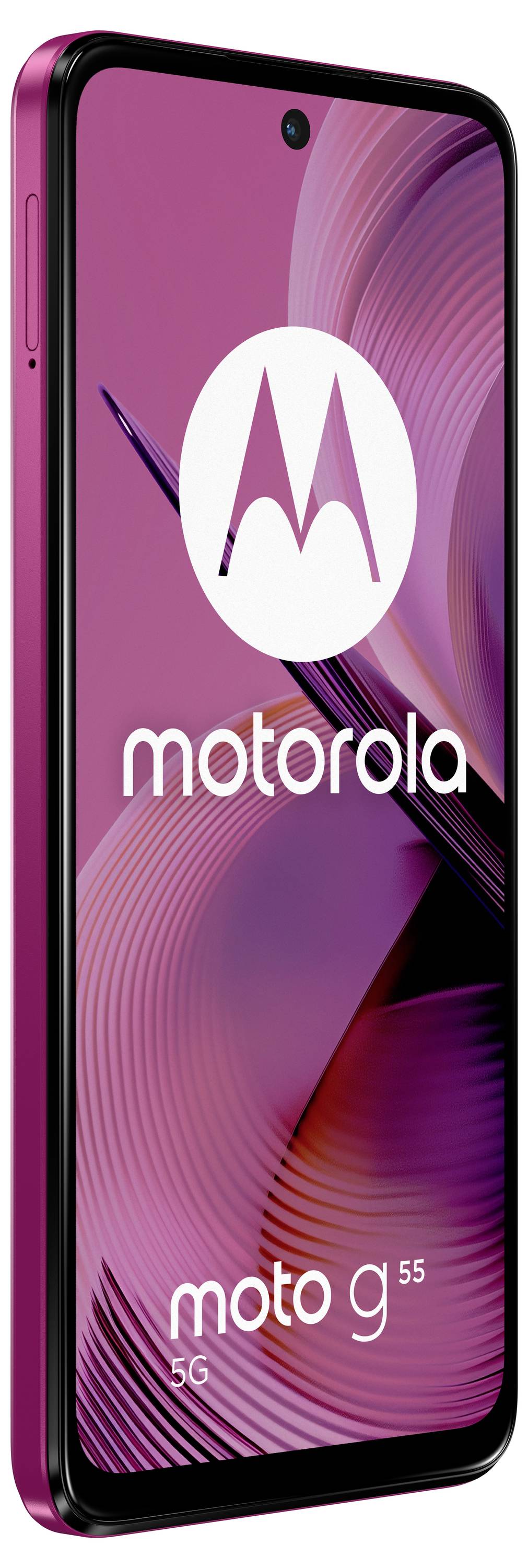 Motorola-Smartphone in Rosa mit Einschaltbildschirm und großem Motorola-Logo. Modellname 'moto g 5G' sichtbar unten.