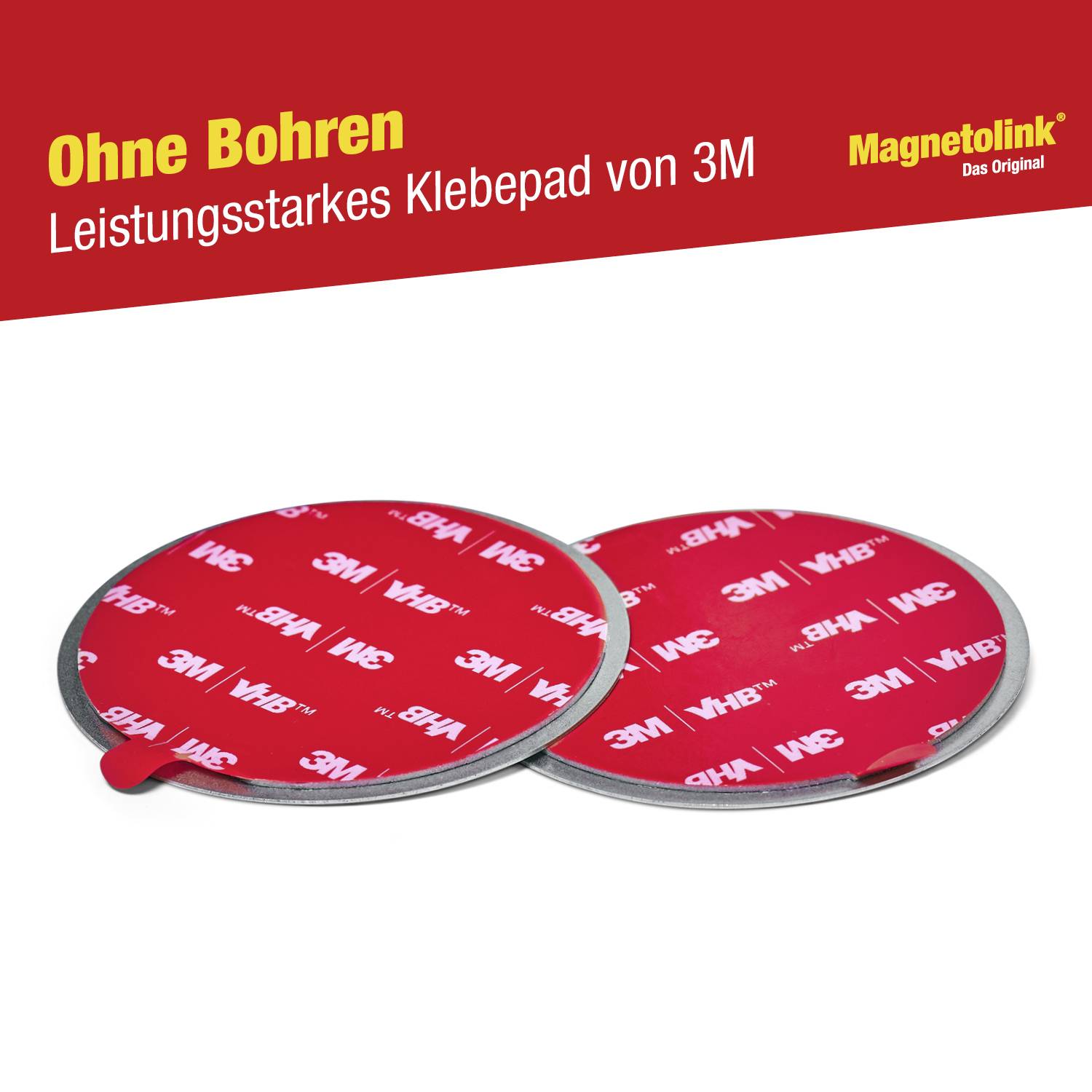 'Ohne Bohren: Leistungsstarkes Klebepad von 3M.' Zwei rote, runde Klebepads mit 3M-Logo auf weißem Hintergrund.