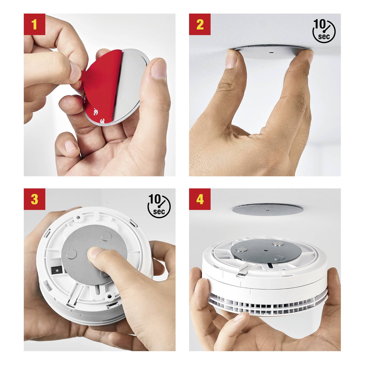 Anleitung zur Installation eines Rauchmelders: 1. Schutzfolie abziehen. 2. Stift 10 Sek. an die Decke drücken. 3. Gerät befestigen. 4. Rauchmelder verbunden.