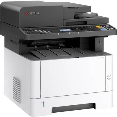 Ein Multifunktionsdrucker mit Display und Tastenfeld für Drucken, Scannen und Kopieren. Der Drucker ist Schwarz-Weiß.