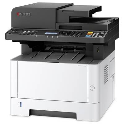 Ein Kyocera Multifunktionsdrucker in schwarz-weißer Ausführung, steht auf einem Tisch. Funktionen: Drucken, Scannen, Kopieren.