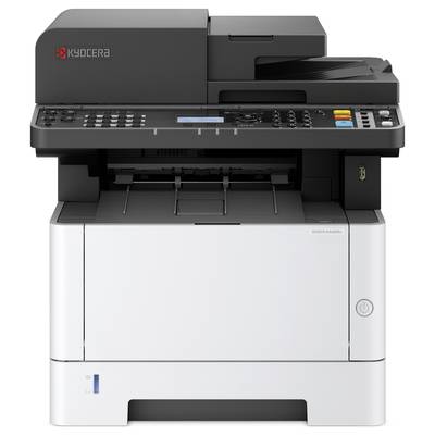 Ein Multifunktionsdrucker in Schwarz-Weiß, Modell von Kyocera, geeignet für Büroanwendungen, mit Bedienfeld und Papierschacht.
