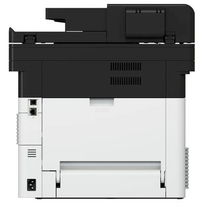 Ein schwarz-weißer Multifunktionsdrucker mit Scanner und Kopierer-Funktionen. Rückansicht zeigt Anschlussmöglichkeiten und Papierausgabe.