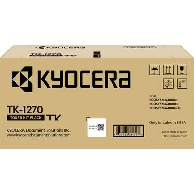 'Kyocera TK-1270 Toner Kit Black' auf braunem Karton. Geeignet für 'ECOSYS MA4000x', 'MA4000fx', 'MA4000wfx'. Nur für Verkauf in EMEA.