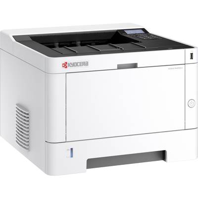 Ein weißer Kyocera-Drucker mit schwarzem Bedienelement und USB-Anschluss an der Seite.