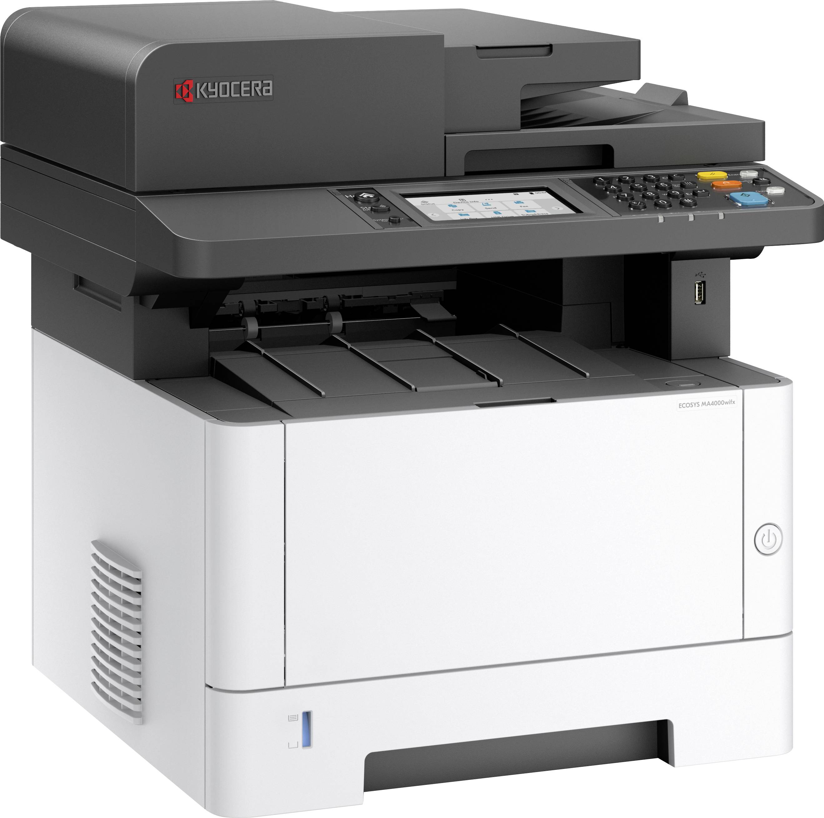 Ein Kyocera Multifunktionsdrucker mit schwarzem oberen Bereich und weißem Gehäuse. Funktionen: Drucken, Kopieren, Scannen.