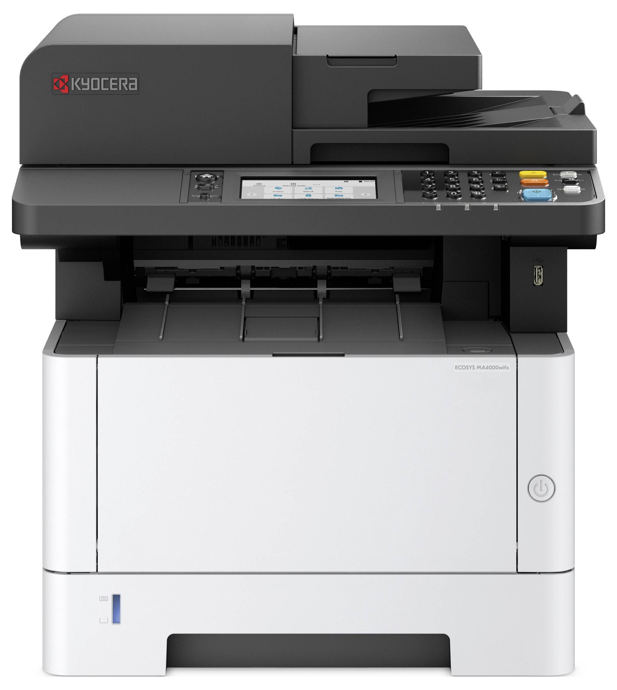 Ein Multifunktionsdrucker mit Bedienelementen und Bildschirm auf der Oberseite. Markenlogo auf der linken Seite erkennbar.