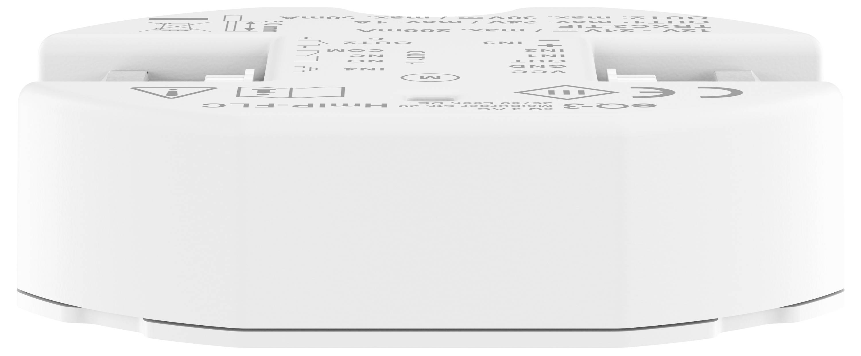 Ein weißer, zylindrischer LED-Dimmer mit Beschriftungen und Symbolen für Anschlüsse.