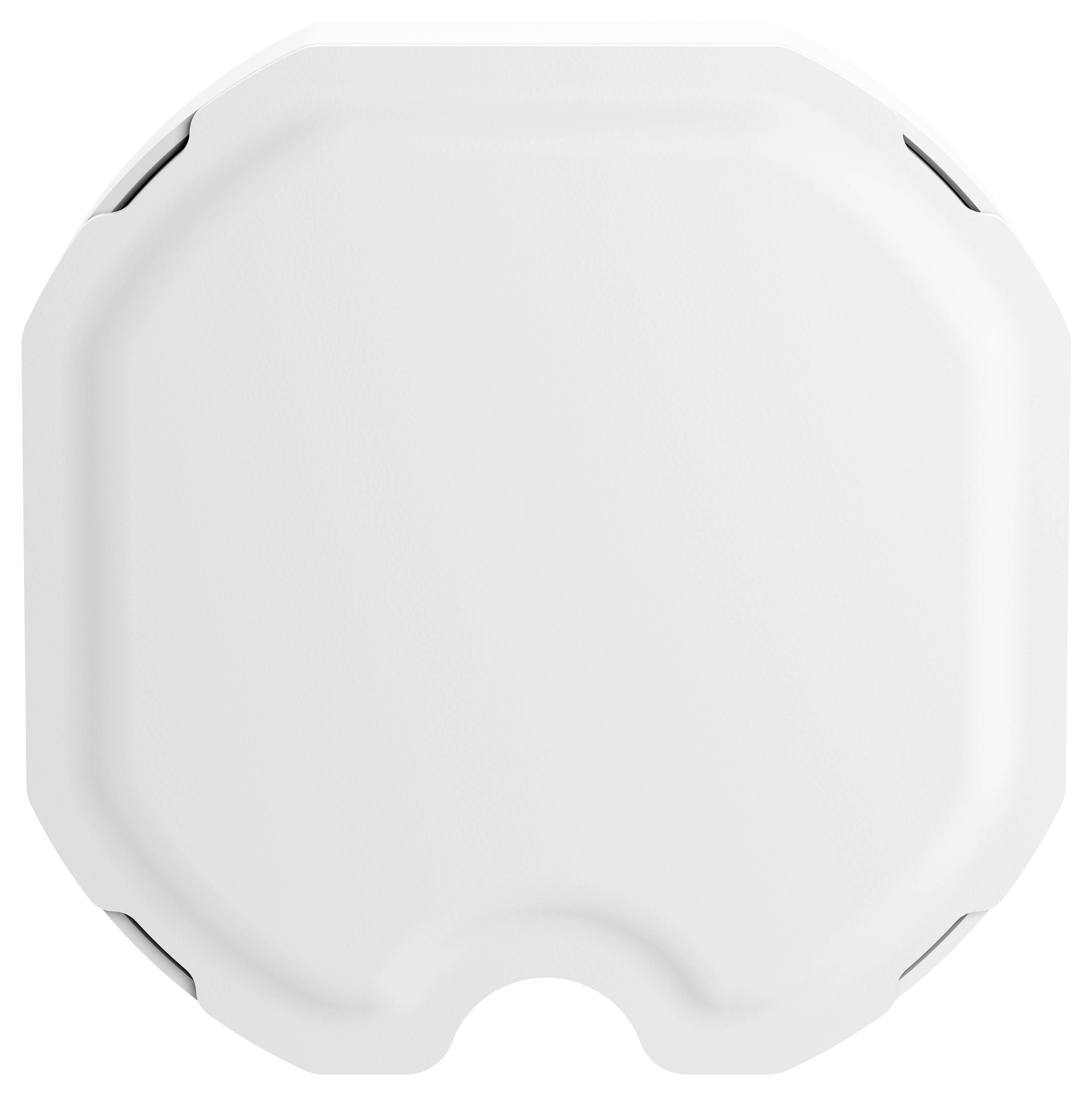 Ein weißes, quadratisches Gerät mit abgerundeten Ecken. Es hat eine glatte Oberfläche und Schlitze an den Seiten, möglicherweise für Lüftung.