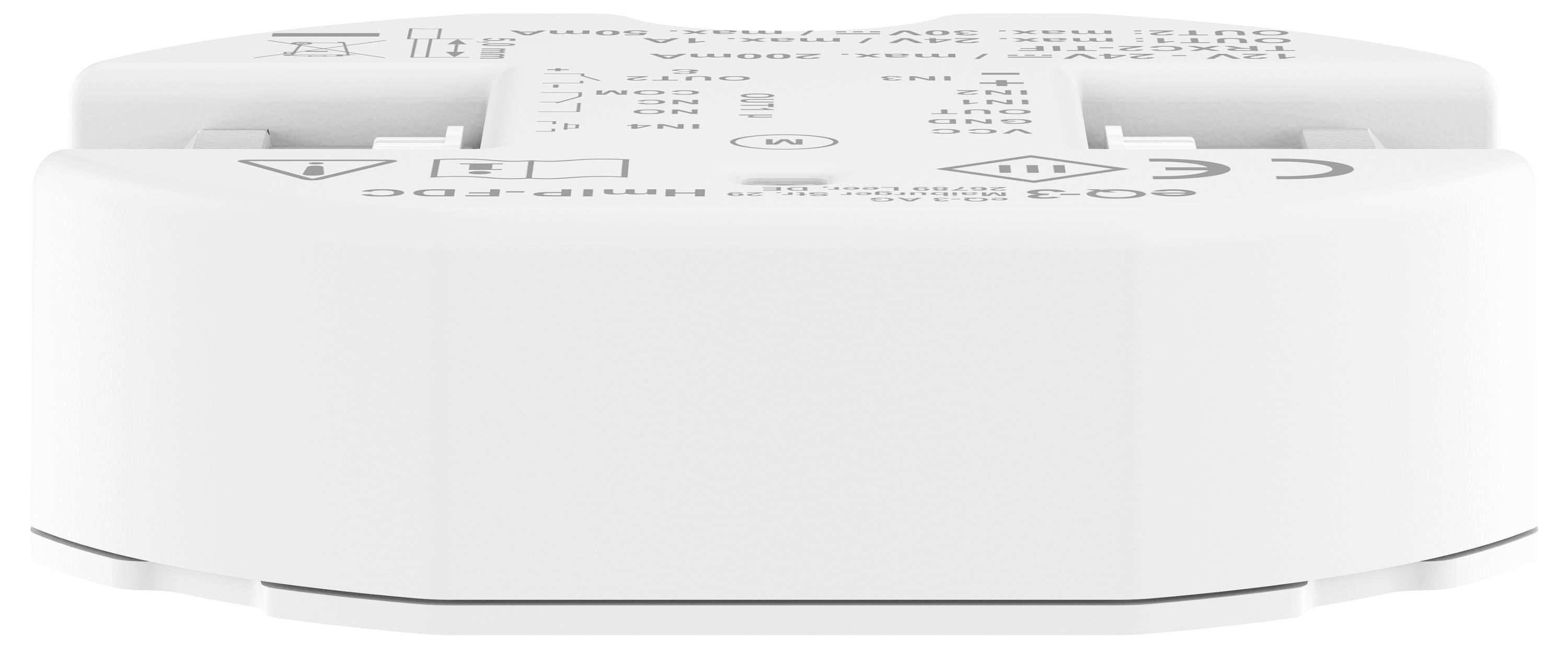 Weißes, rundes elektronisches Gerät mit mehreren Anschlüssen und Symbolen auf der Oberseite. Verwendet zur Steuerung elektrischer Systeme.