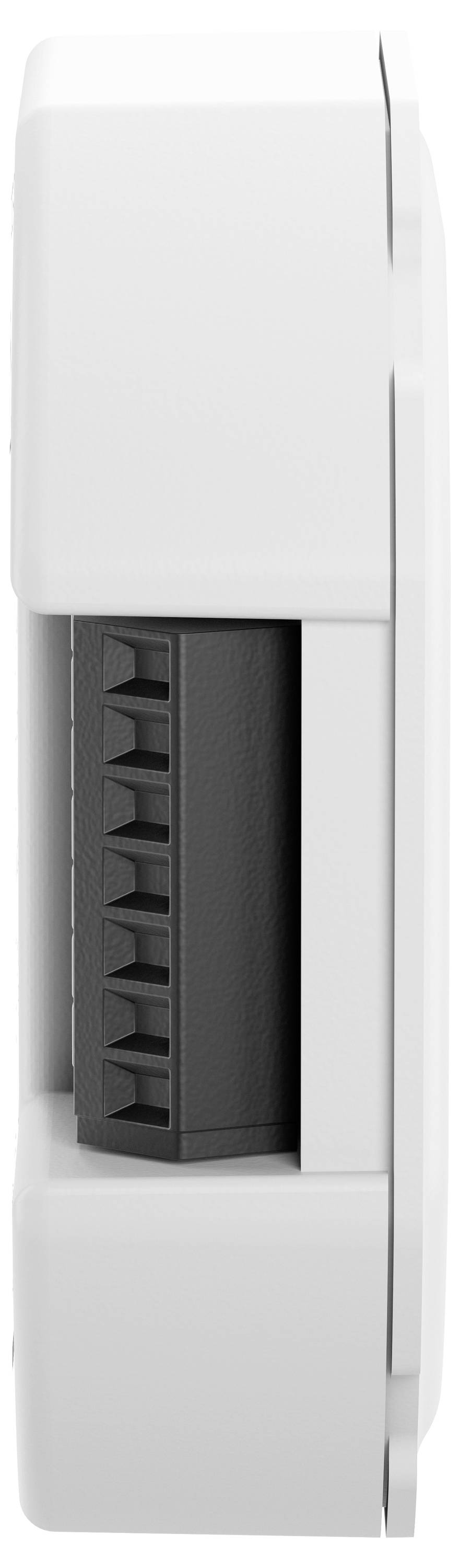 Bild eines weißen Geräts mit schwarzem Lüftungsgitter an der Seite, wahrscheinlich ein Heizkörperthermostat.