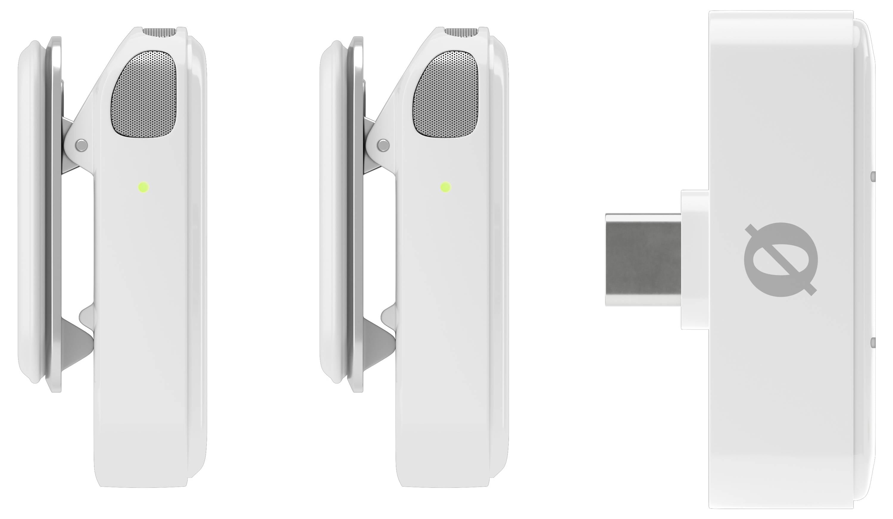 Zwei weiße, kabellose Ohrhörer und ein USB-C-Ladegerät auf weißem Hintergrund, mit grauen Akzenten und einem kleinen grünen Licht.