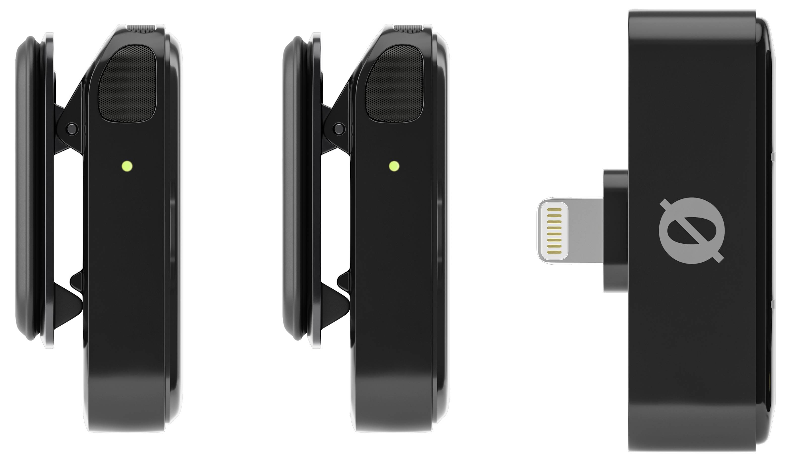Zwei schwarze drahtlose Mikrofone mit einem grünen Licht und ein Adapter mit einem Lightning-Anschluss, frontal dargestellt.