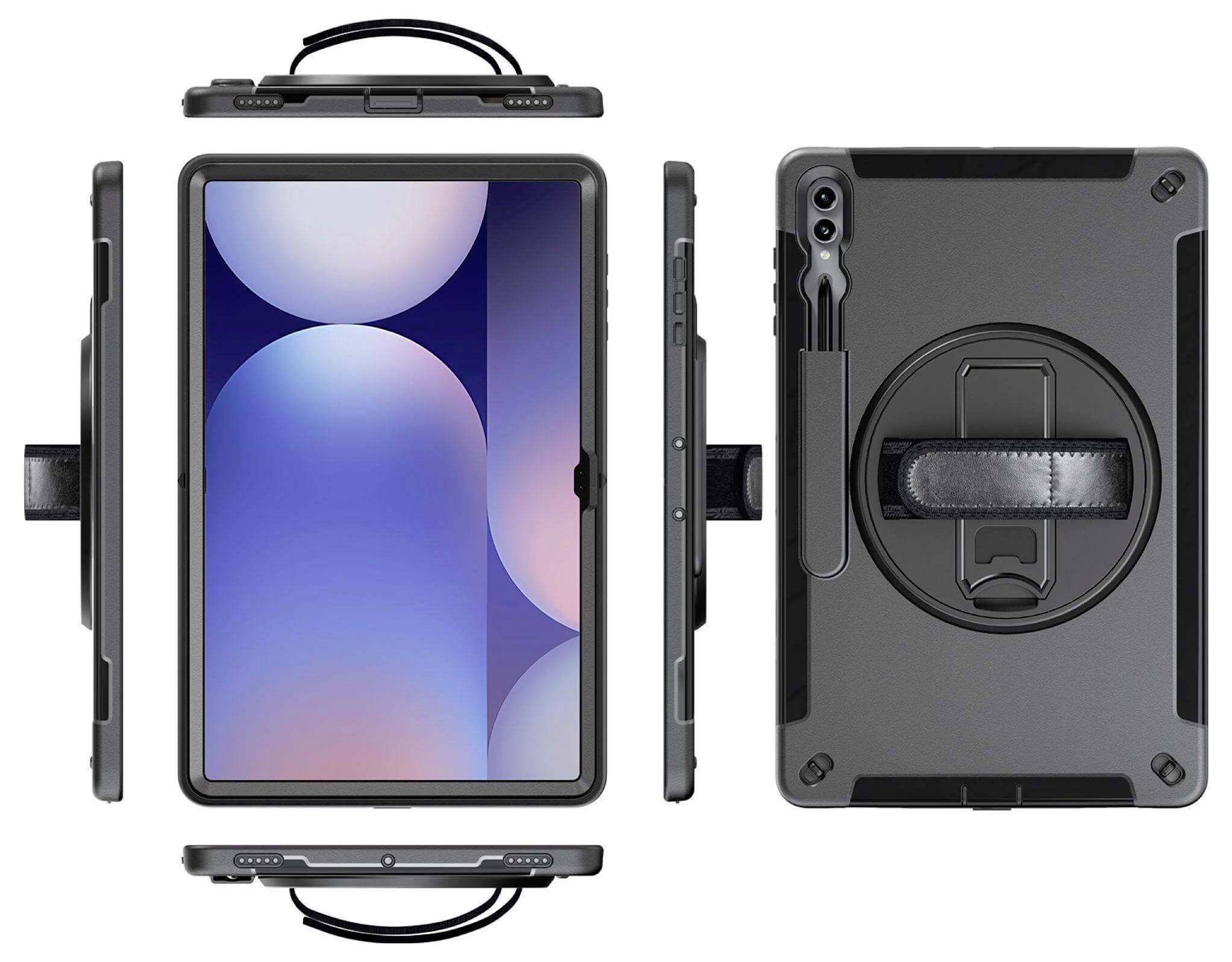 Tablet-Hülle mit drehbarem Griff und Pinselhalter. Mehrere Ansichten zeigen Vorderseite mit Bildschirm und Rückseite mit Halterungen.