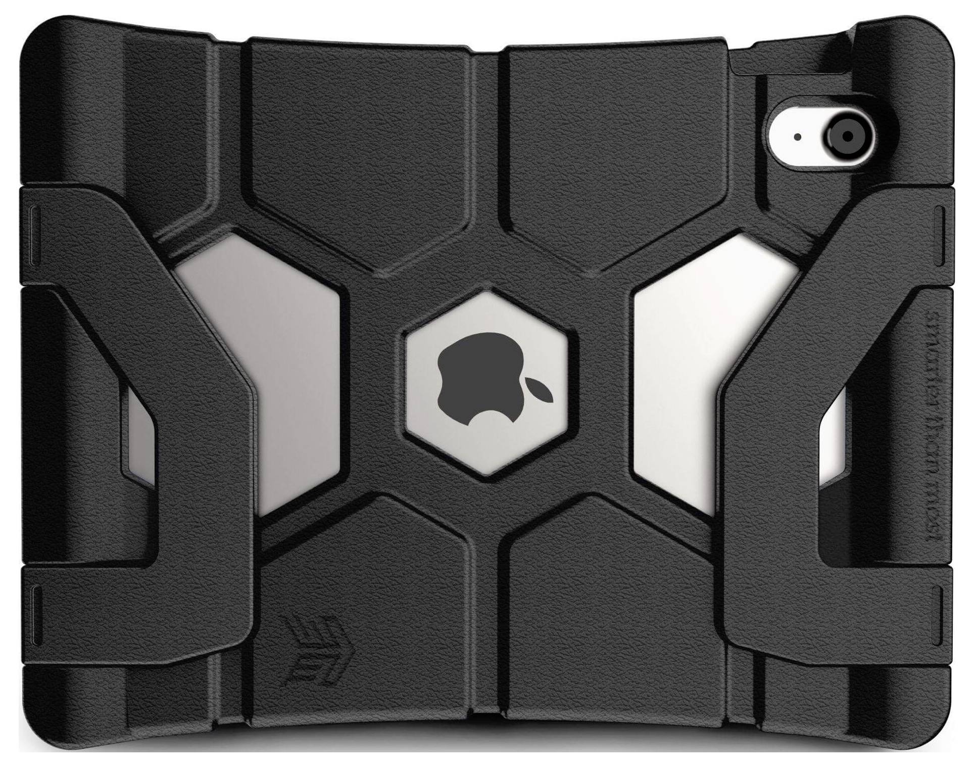 Robuste schwarze Schutzhülle für ein Tablet mit geometrischem Design und freiliegendem Apple-Logo in der Mitte der Rückseite.