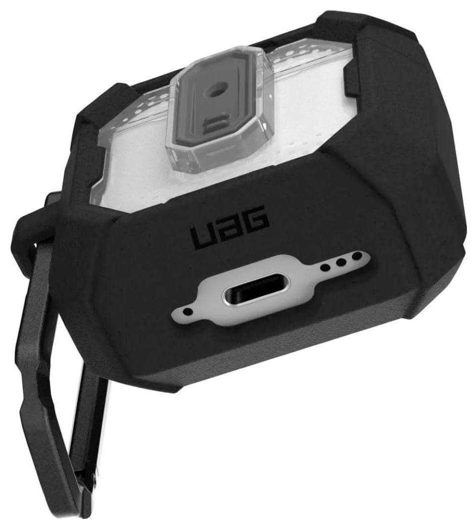 Robuste UAG-Schutzhülle für ein tragbares Gerät mit Klappständer und einem Schnitt für den Anschluss an der Unterseite.