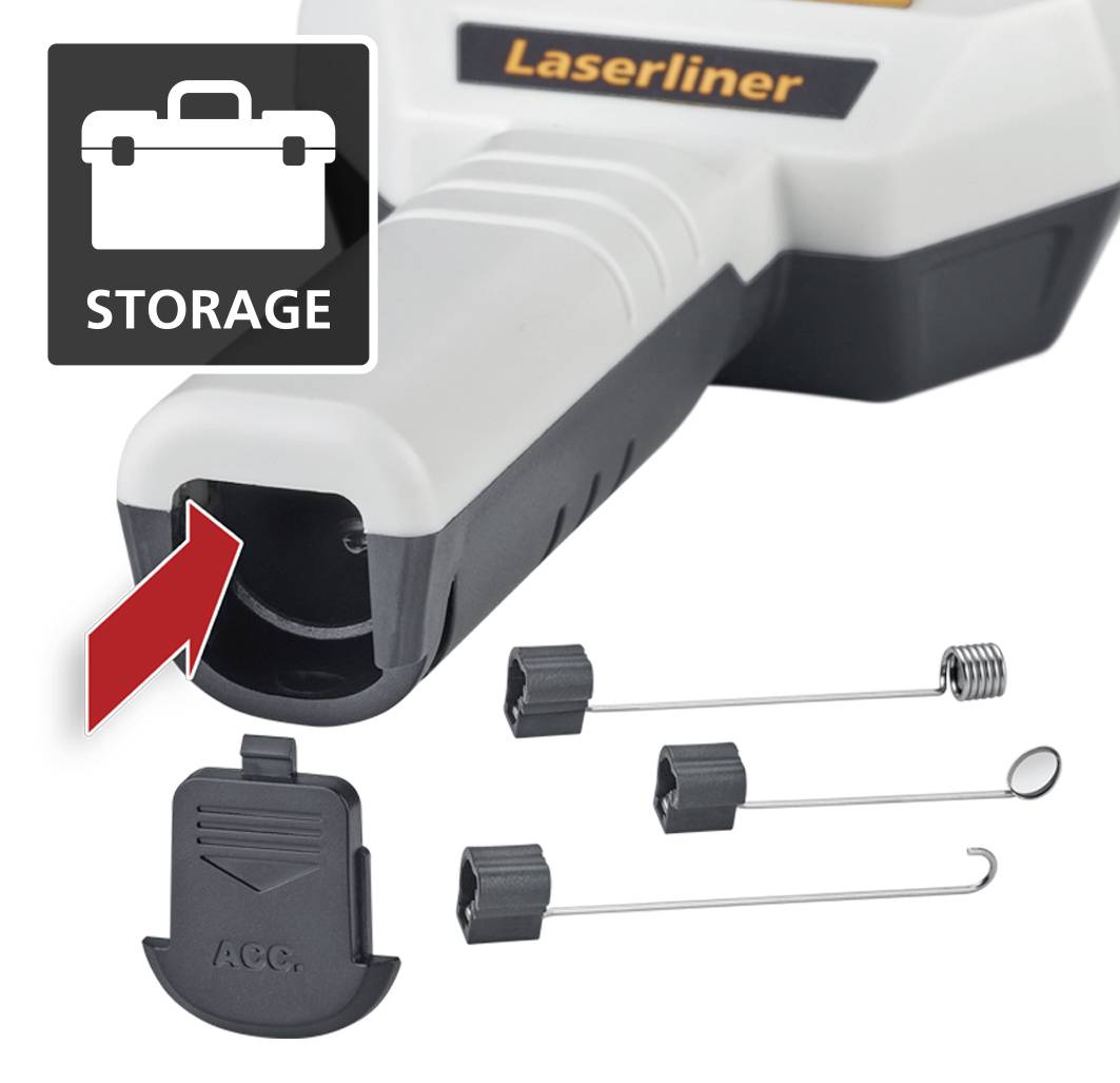 Laser-Thermometer von Laserliner mit abgebildetem Zubehör: verschiedene Sensor-Sonden. Pfeil zeigt auf die Sensoröffnung.