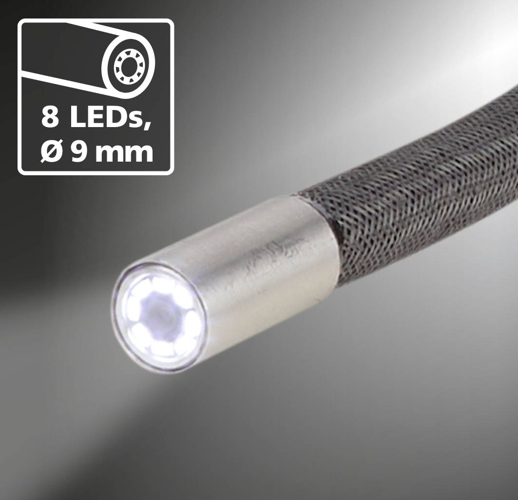 Ein flexibler Schlauch mit 8 LED-Leuchten, Durchmesser 9 mm, vor grauem Verlaufshintergrund. Oben links zeigt ein Symbol diese Details an.