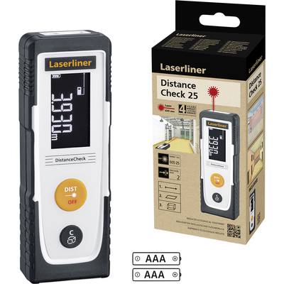 'Laserliner Distance Check 25' Laser-Entfernungsmesser und Verpackung. Misst Entfernungen bis 25 m, mit digitalem Display.