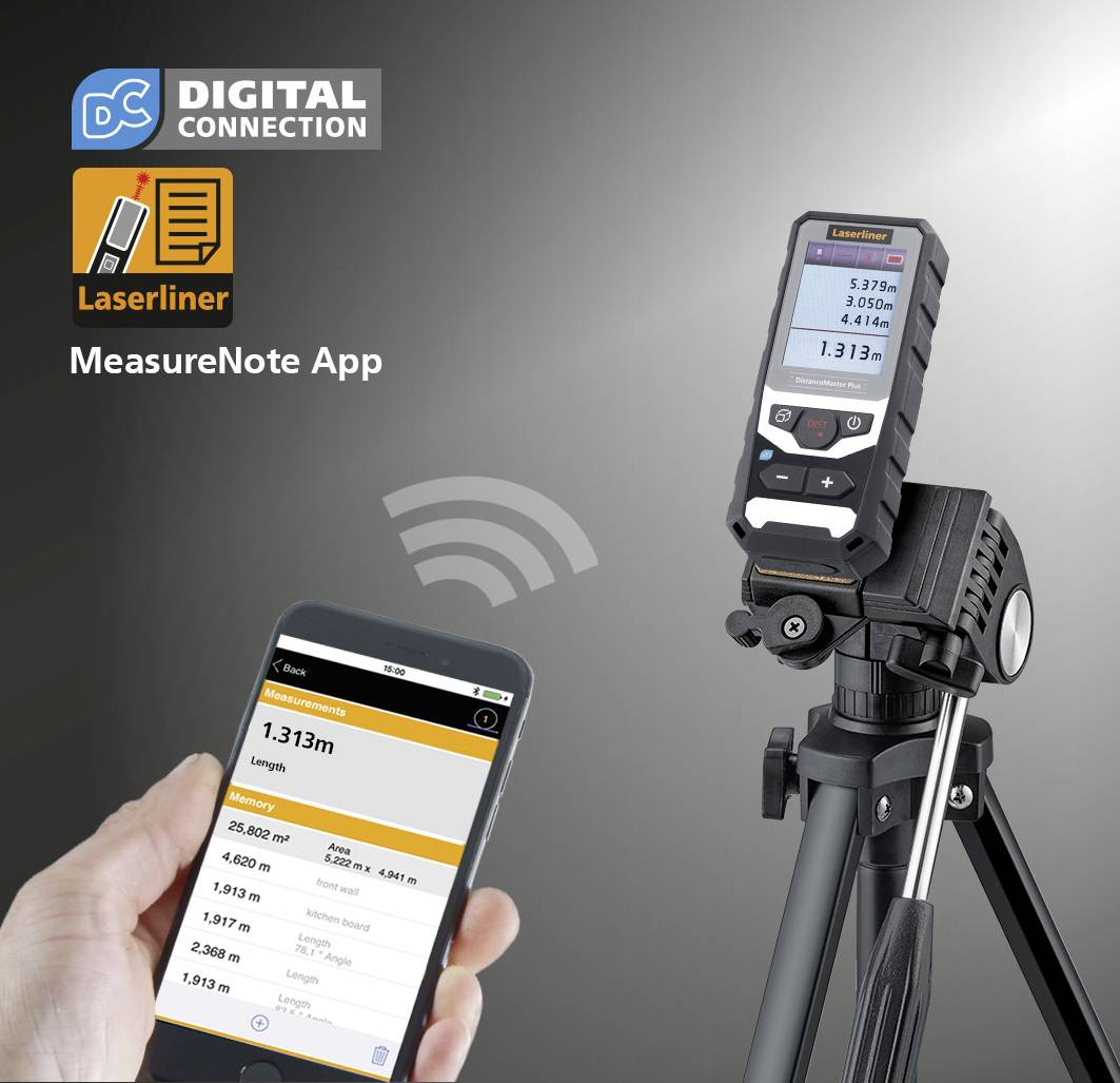 Laser-Entfernungsmesser auf Stativ mit digitaler Anzeige. Eine Hand hält ein Smartphone mit der 'MeasureNote App' zur Datenanzeige.