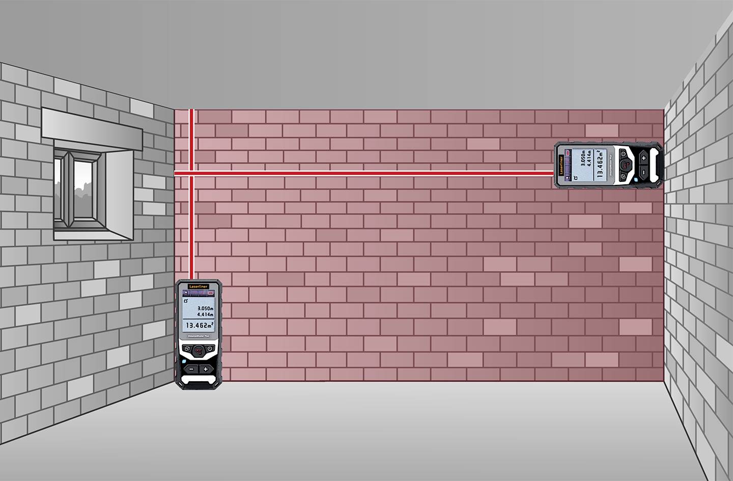 Zwei Lasermessgeräte messen die Länge einer Wand in einem Raum mit roten Laserstrahlen, die entlang und quer zur Wand verlaufen.