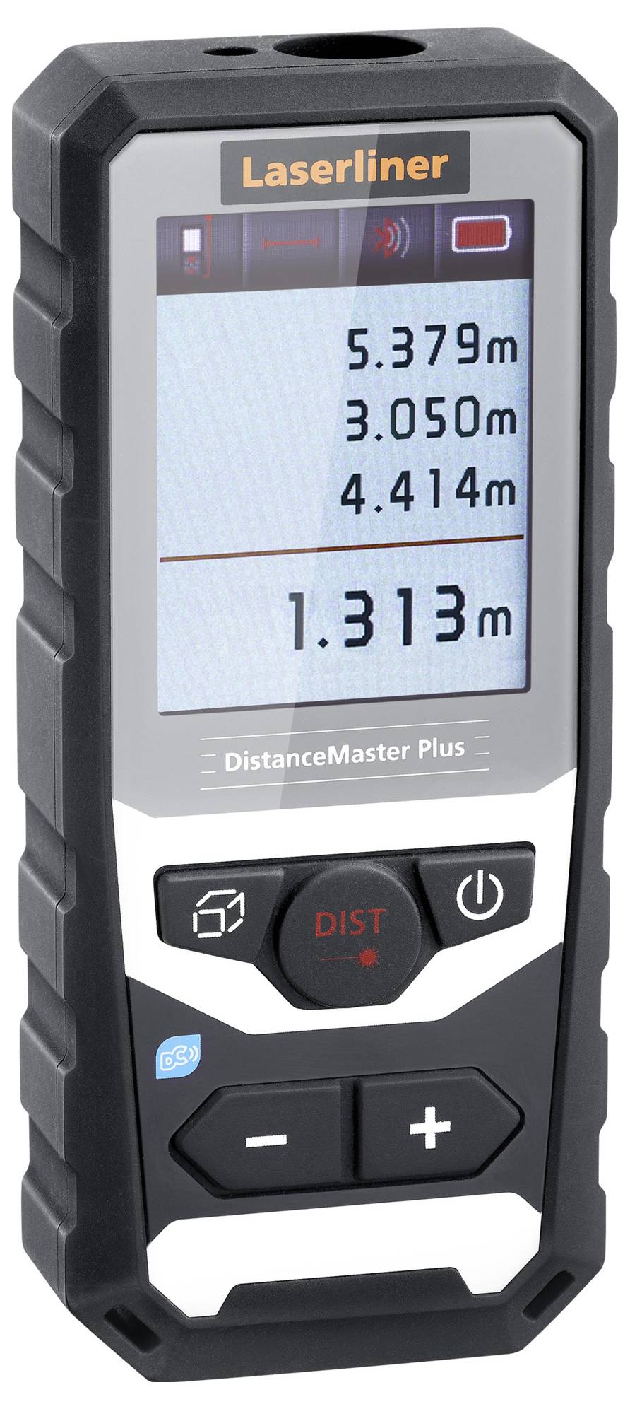 Digitales Laser-Distanzmessgerät mit beleuchtetem Display, zeigt Messwerte von 5,379 m, 3,050 m, 4,414 m und 1,313 m an.
